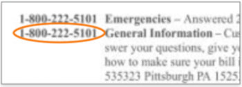 Back of a PDG bill showing the general information phone number