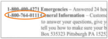 Back of a PNDG bill showing the general information phone number